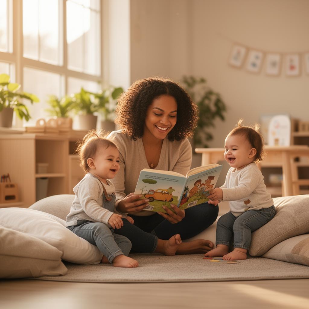 A warm childcare provider reading with two happy toddlers in a sunlit Fireflies Daycare classroom